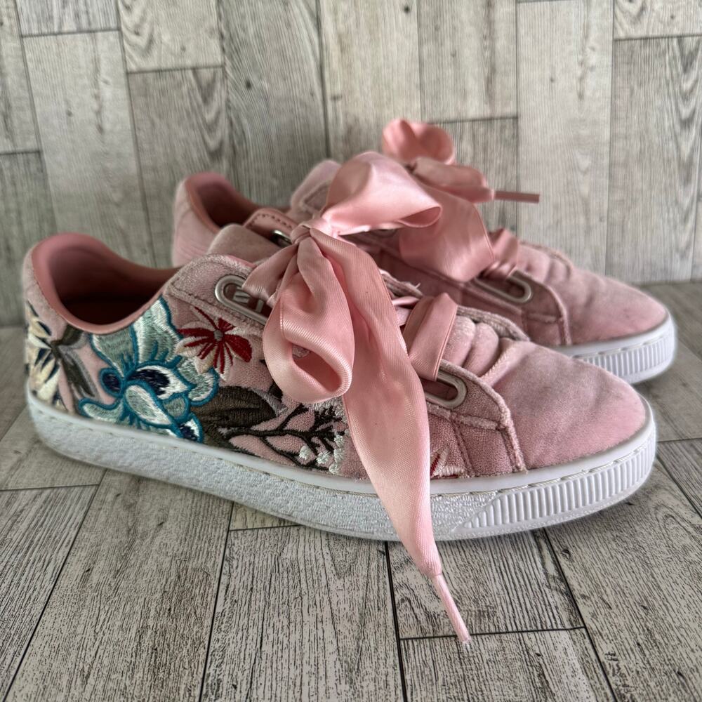 Puma Basket Heart Pink Velvet Floral Embroidered Shoes  Size: Women’s 7